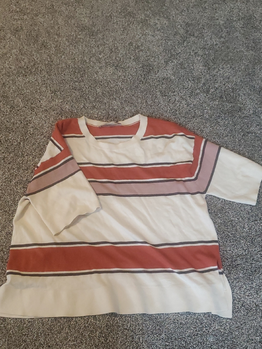 Loft Woman's Striped Short-Sleeve Top - Cream with Rust & Pink Stripes